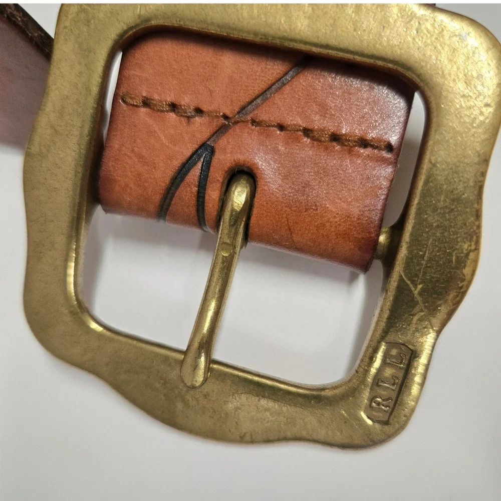 Lauren Ralph Lauren Brown Leather Floral Embossed Belt Solid Brass Buckle Large